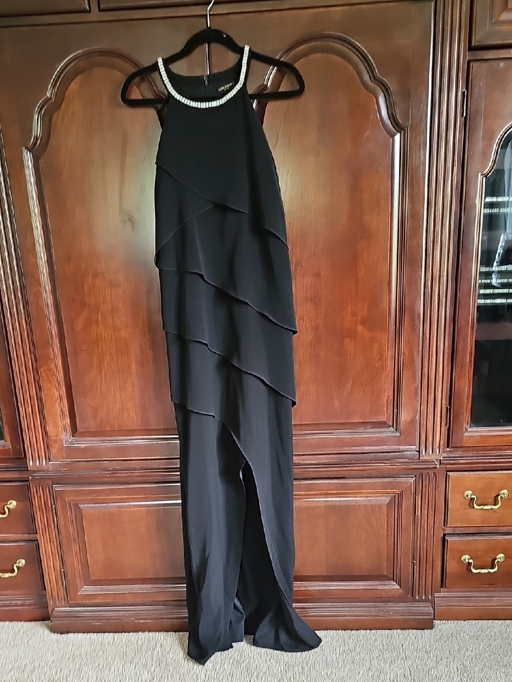 Strapless Black Layered Evening Gown with Rhinestone Halter